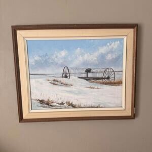 Original Oil Painting – Prairie Winter Scene with Antique Hay Rake